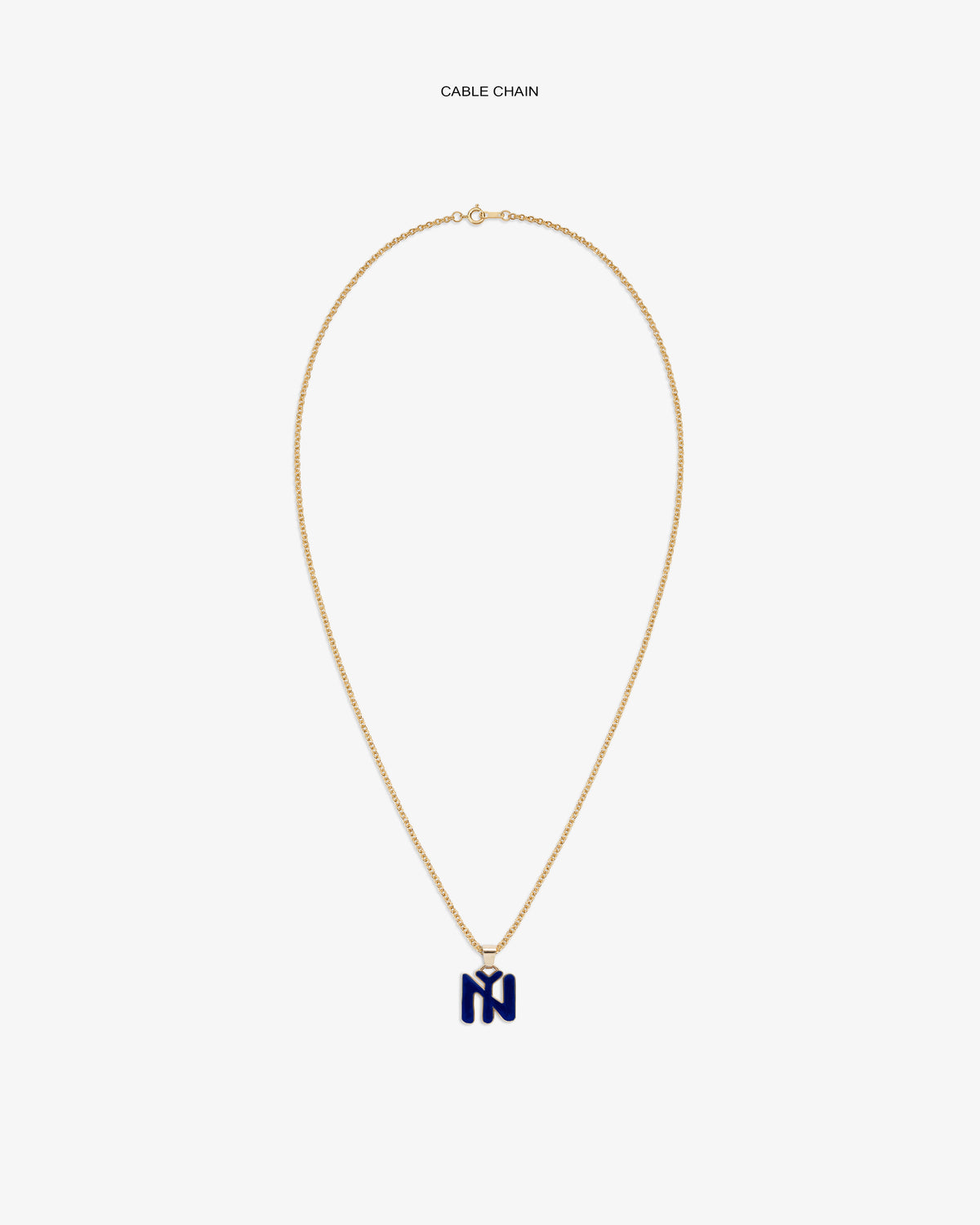14Kt Gold Pendant: gold cable chain necklace with a navy blue letter M pendant on white background.