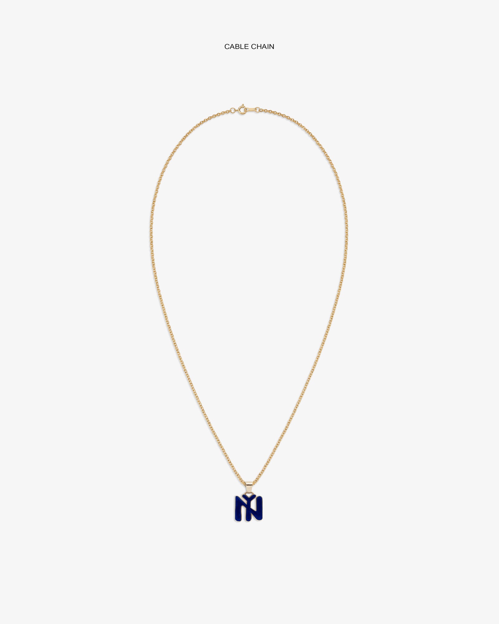 14Kt Gold Pendant: gold cable chain necklace with a navy blue letter M pendant on white background.