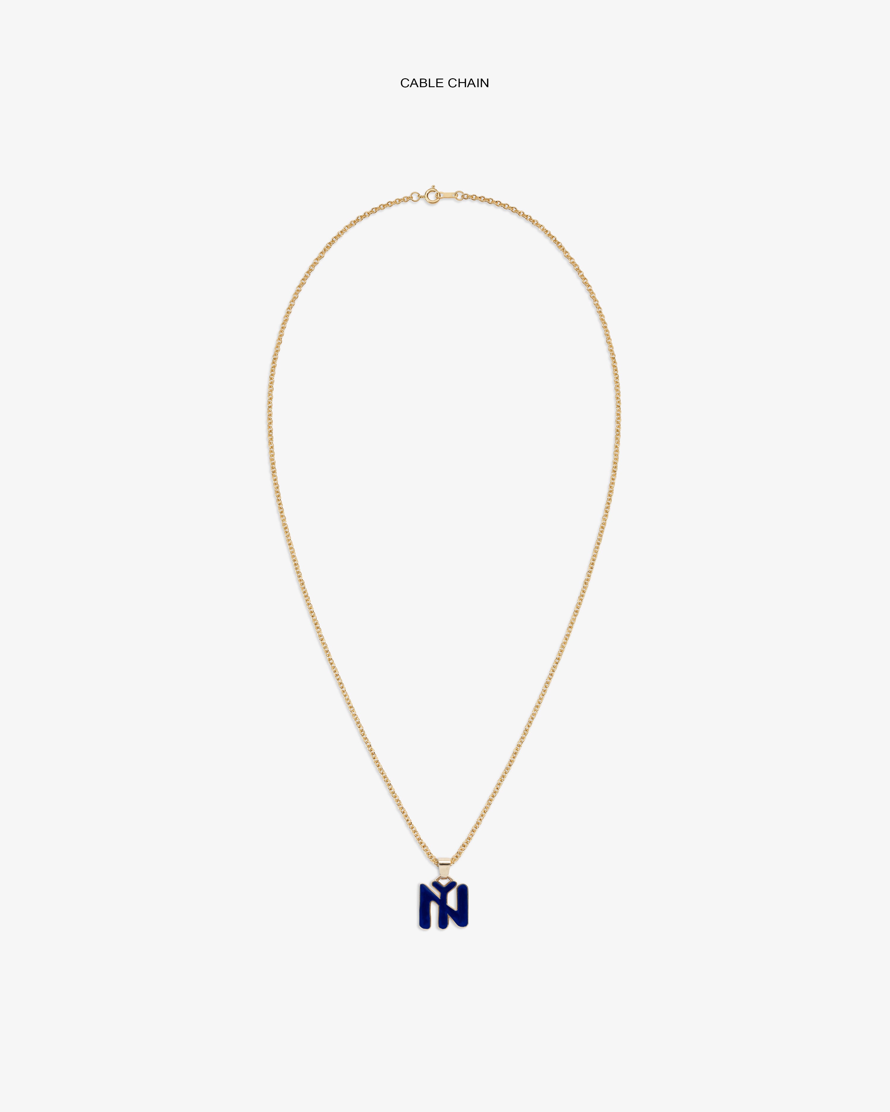 14Kt Gold Pendant: gold cable chain necklace with a navy blue letter M pendant on white background.