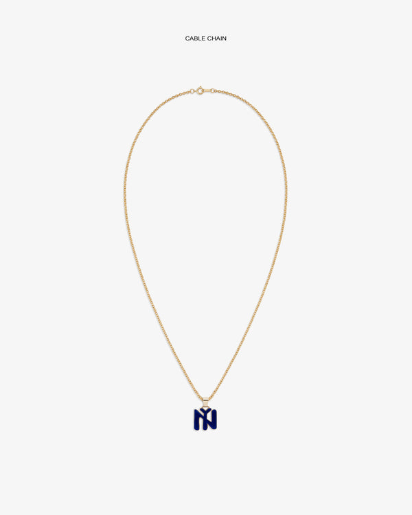 14Kt Gold Pendant: gold cable chain necklace with a navy blue letter M pendant on white background.