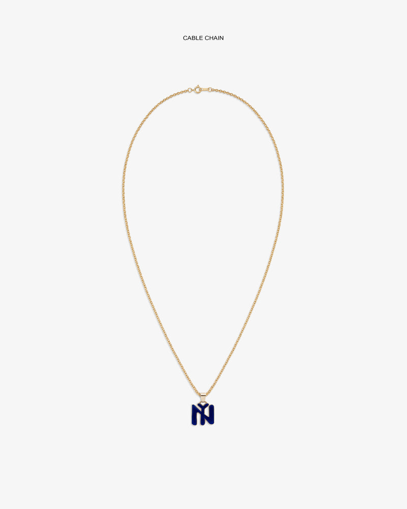 14Kt Gold Pendant: gold cable chain necklace with a navy blue letter M pendant on white background.