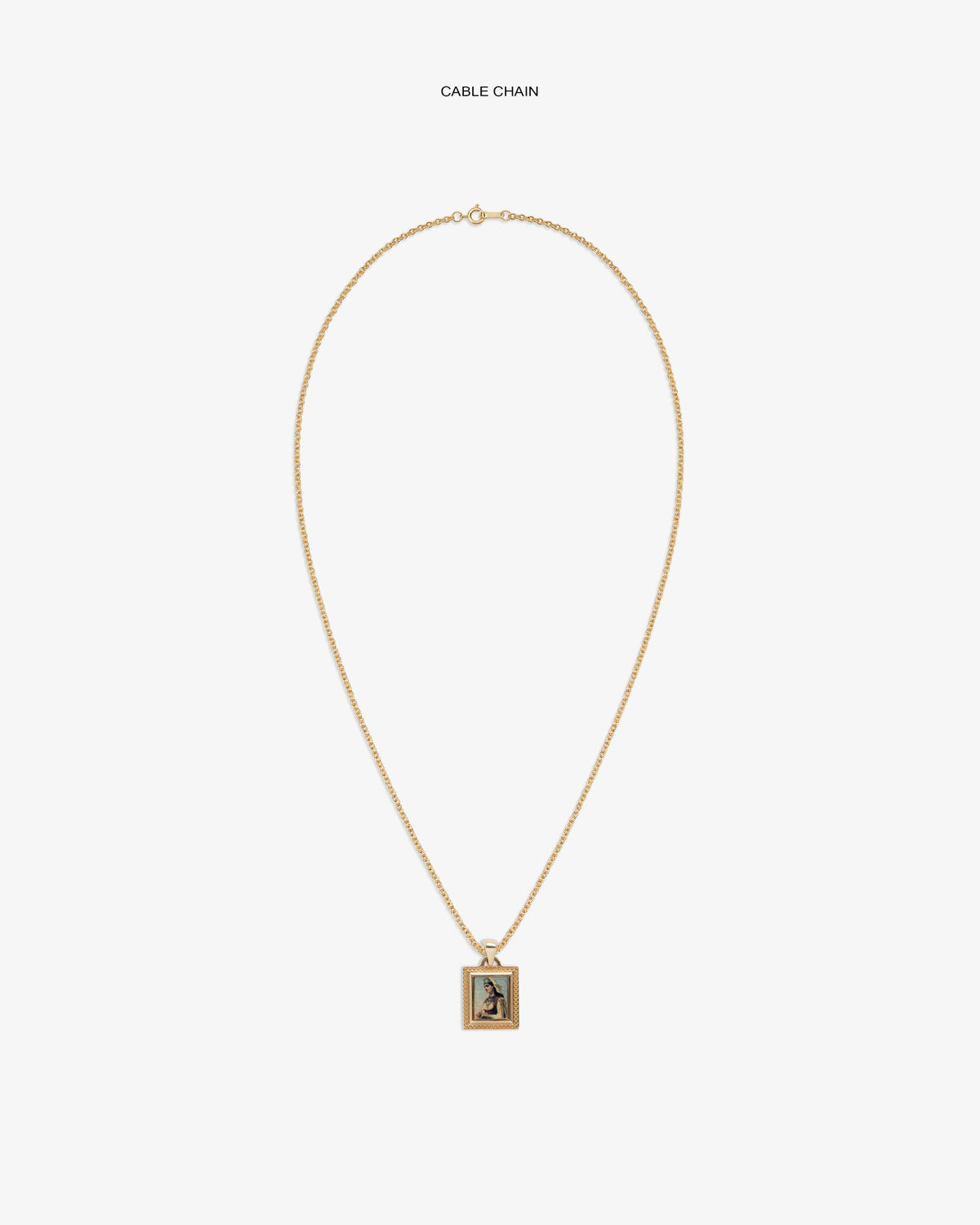 14Kt Gold Pendant: gold cable chain necklace with a rectangular pendant on a plain white background.