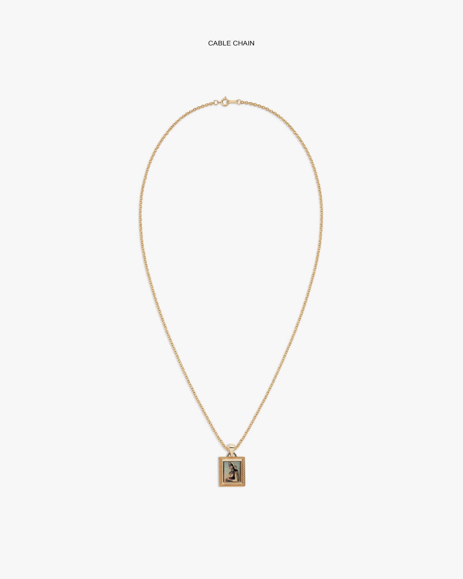14Kt Gold Pendant: gold cable chain necklace with a rectangular pendant on a plain white background.
