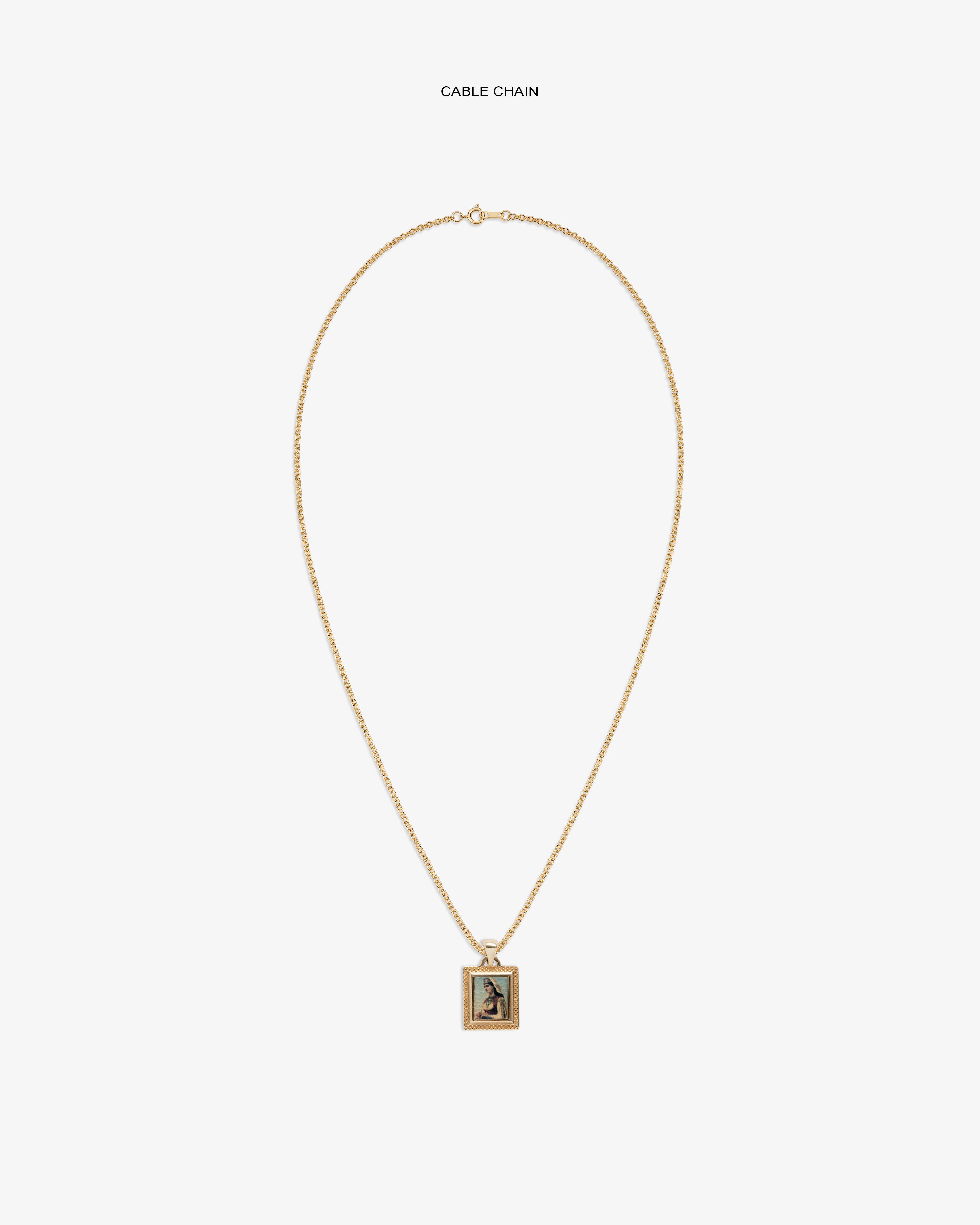14Kt Gold Pendant: gold cable chain necklace with a rectangular pendant on a plain white background.