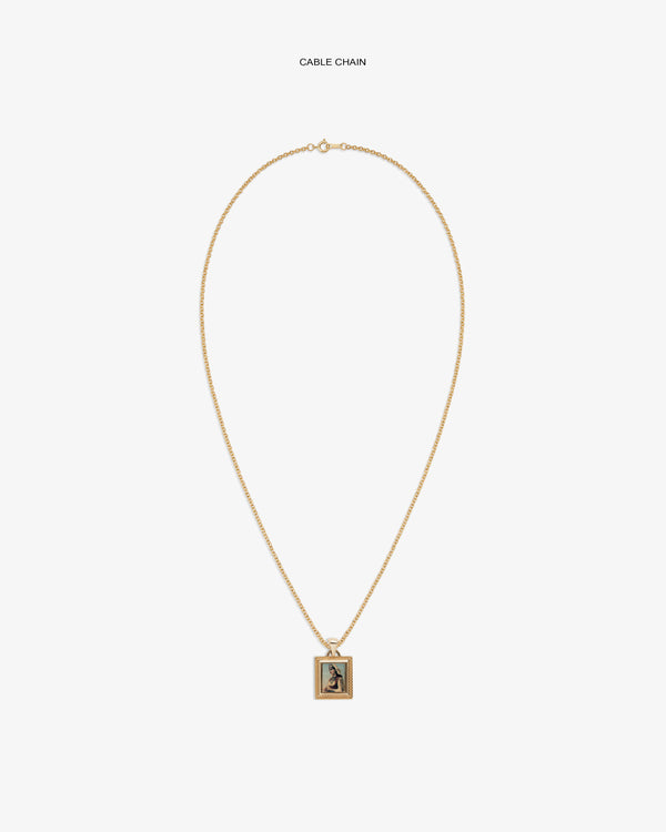 14Kt Gold Pendant: gold cable chain necklace with a rectangular pendant on a plain white background.