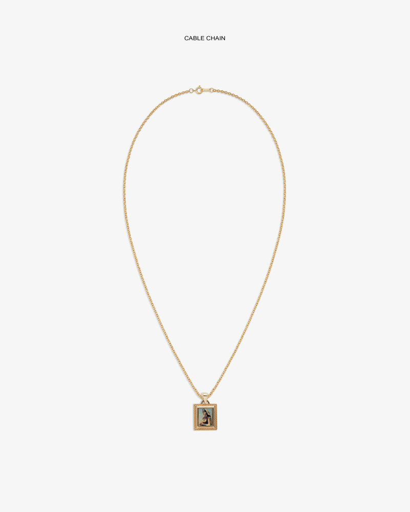14Kt Gold Pendant: gold cable chain necklace with a rectangular pendant on a plain white background.