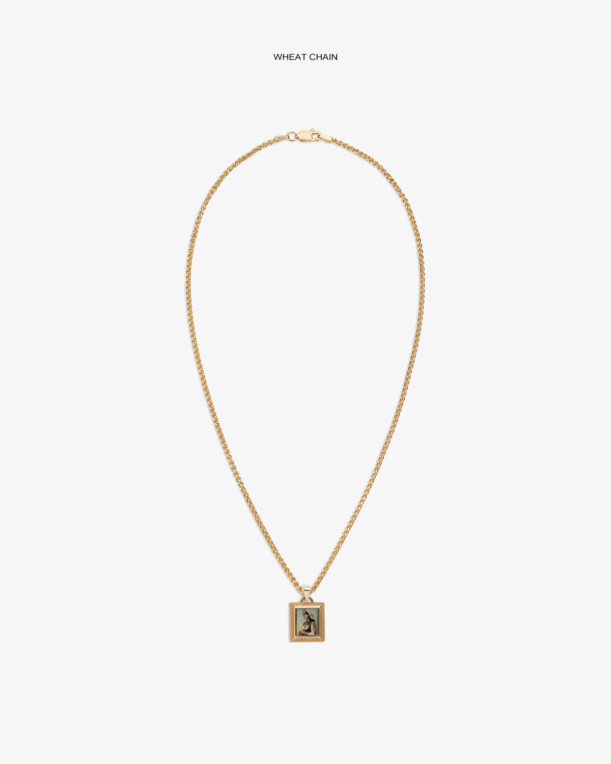 14Kt Gold Pendant: Wheat chain necklace with engraved rectangular charm, shown on a white background.