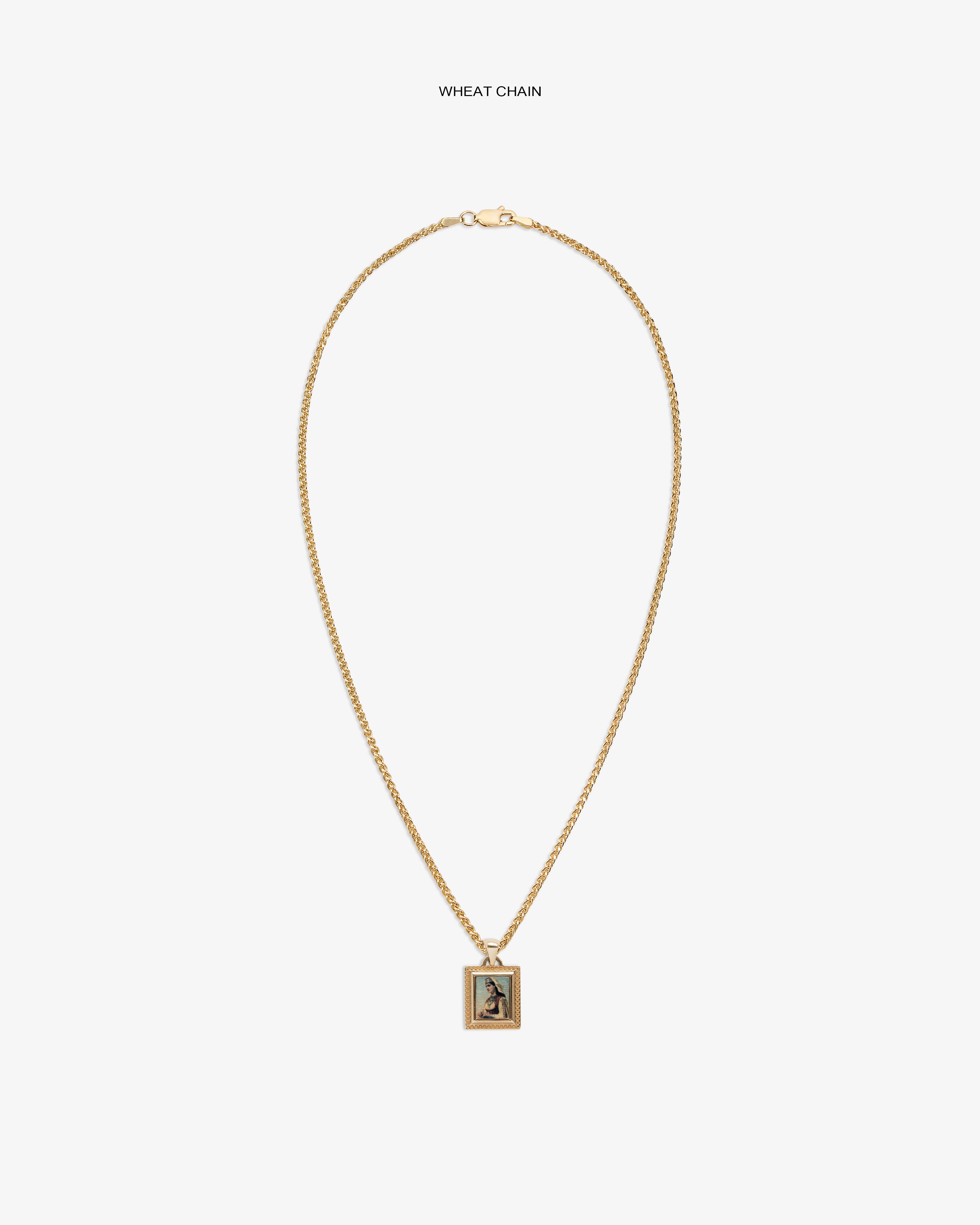 14Kt Gold Pendant: Wheat chain necklace with engraved rectangular charm, shown on a white background.