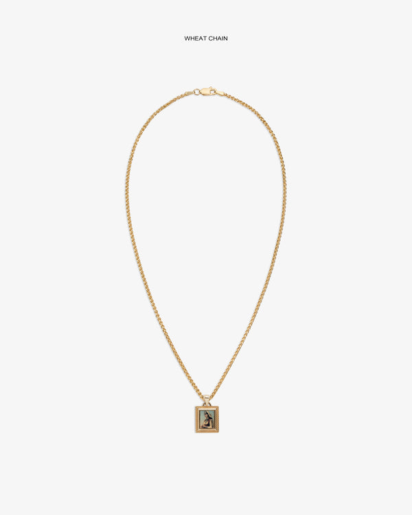 14Kt Gold Pendant: Wheat chain necklace with engraved rectangular charm, shown on a white background.