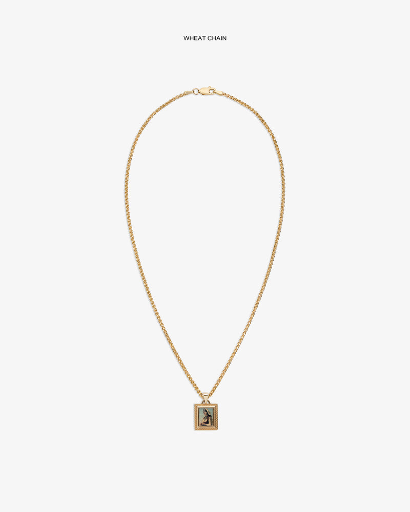 14Kt Gold Pendant: Wheat chain necklace with engraved rectangular charm, shown on a white background.