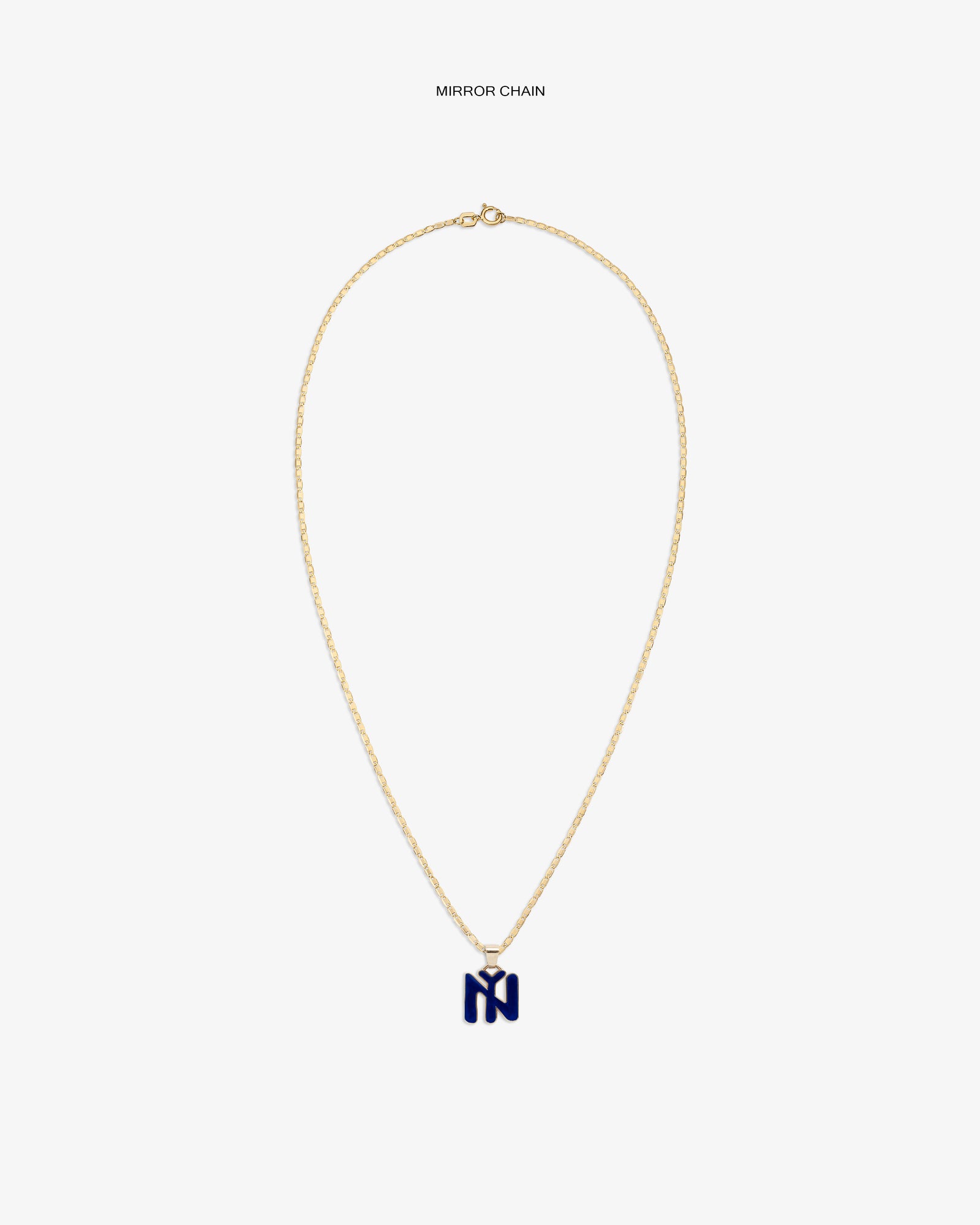 14Kt Gold Pendant: gold chain necklace with a small abstract blue 'N' pendant on a white background.