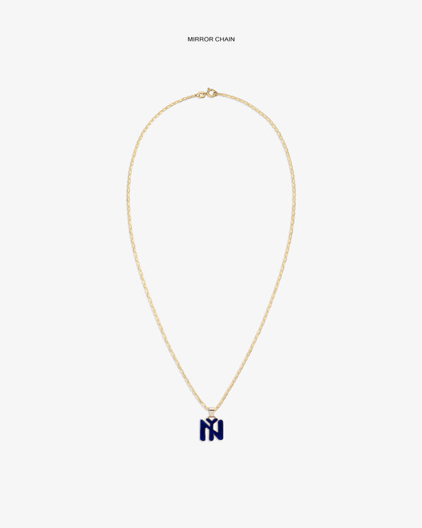 14Kt Gold Pendant: gold chain necklace with a small abstract blue 'N' pendant on a white background.