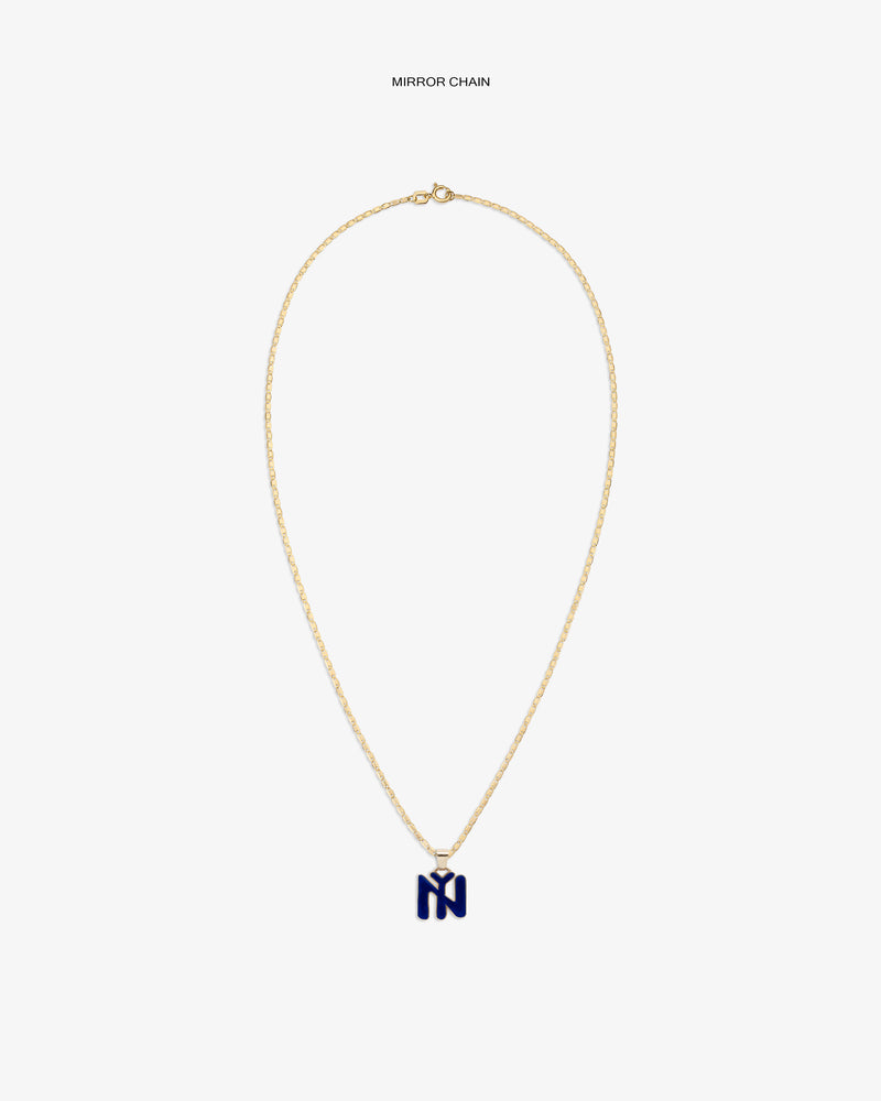 14Kt Gold Pendant: gold chain necklace with a small abstract blue 'N' pendant on a white background.