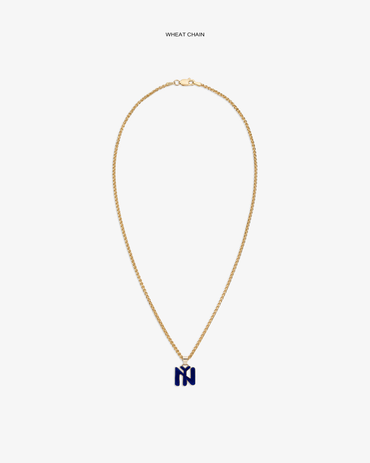 14Kt Gold Pendant: Wheat chain necklace with blue N-shaped pendant on white background.