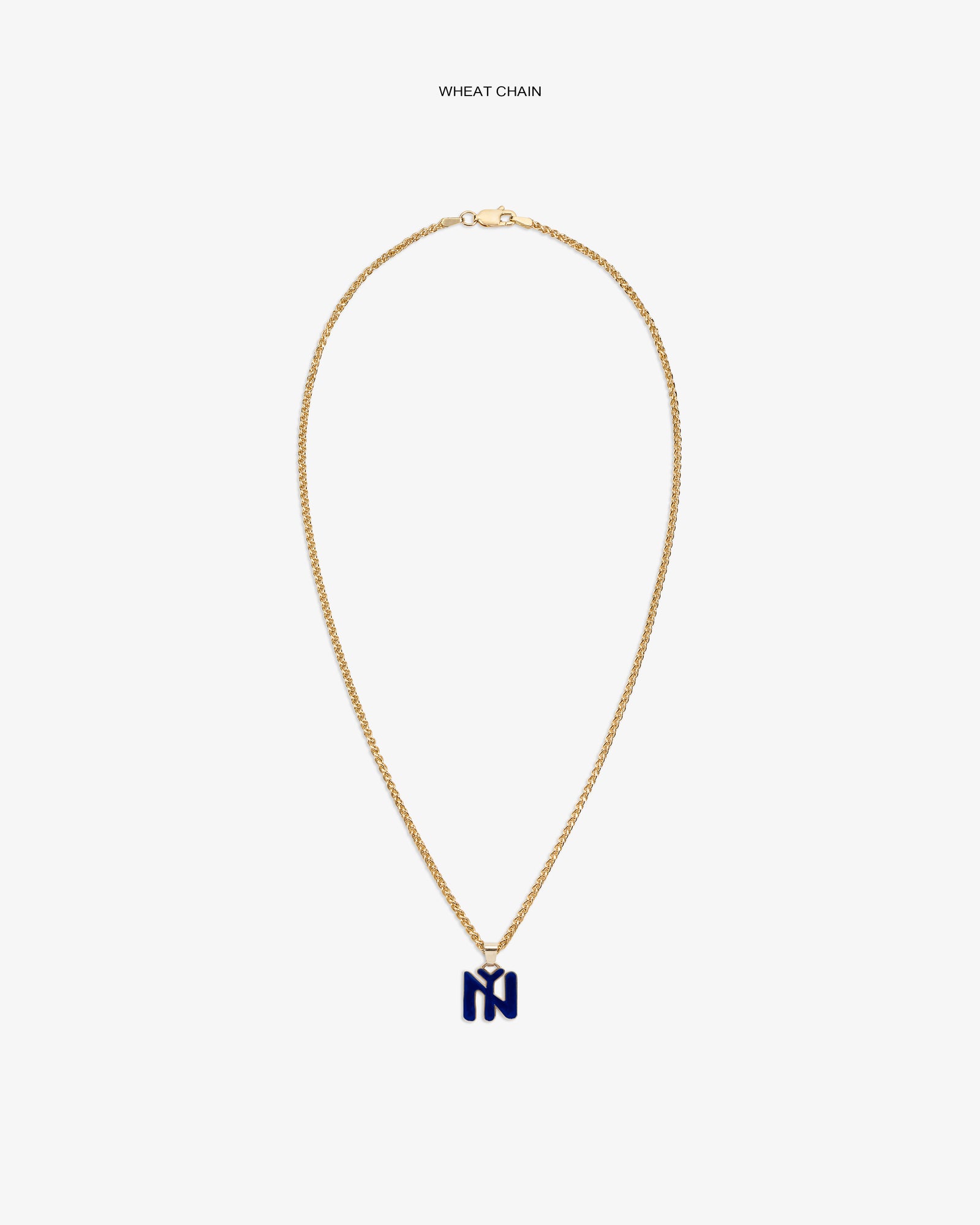 14Kt Gold Pendant: Wheat chain necklace with blue N-shaped pendant on white background.