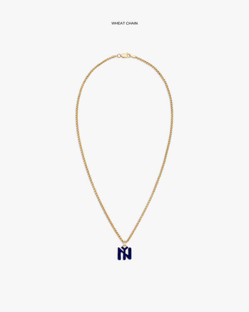 14Kt Gold Pendant: Wheat chain necklace with blue N-shaped pendant on white background.