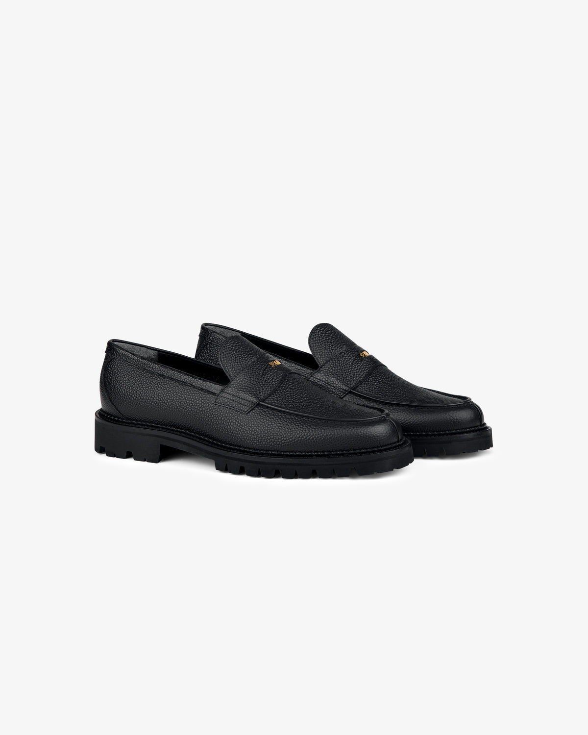 Lug Sole Queens Crest Loafer in black leather with a textured finish and chunky soles on a plain light background.