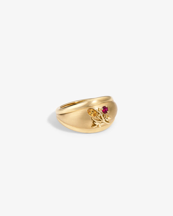14Kt Gold Crest Dome Ring featuring a small frog with a red gemstone eye, shown on a white background.