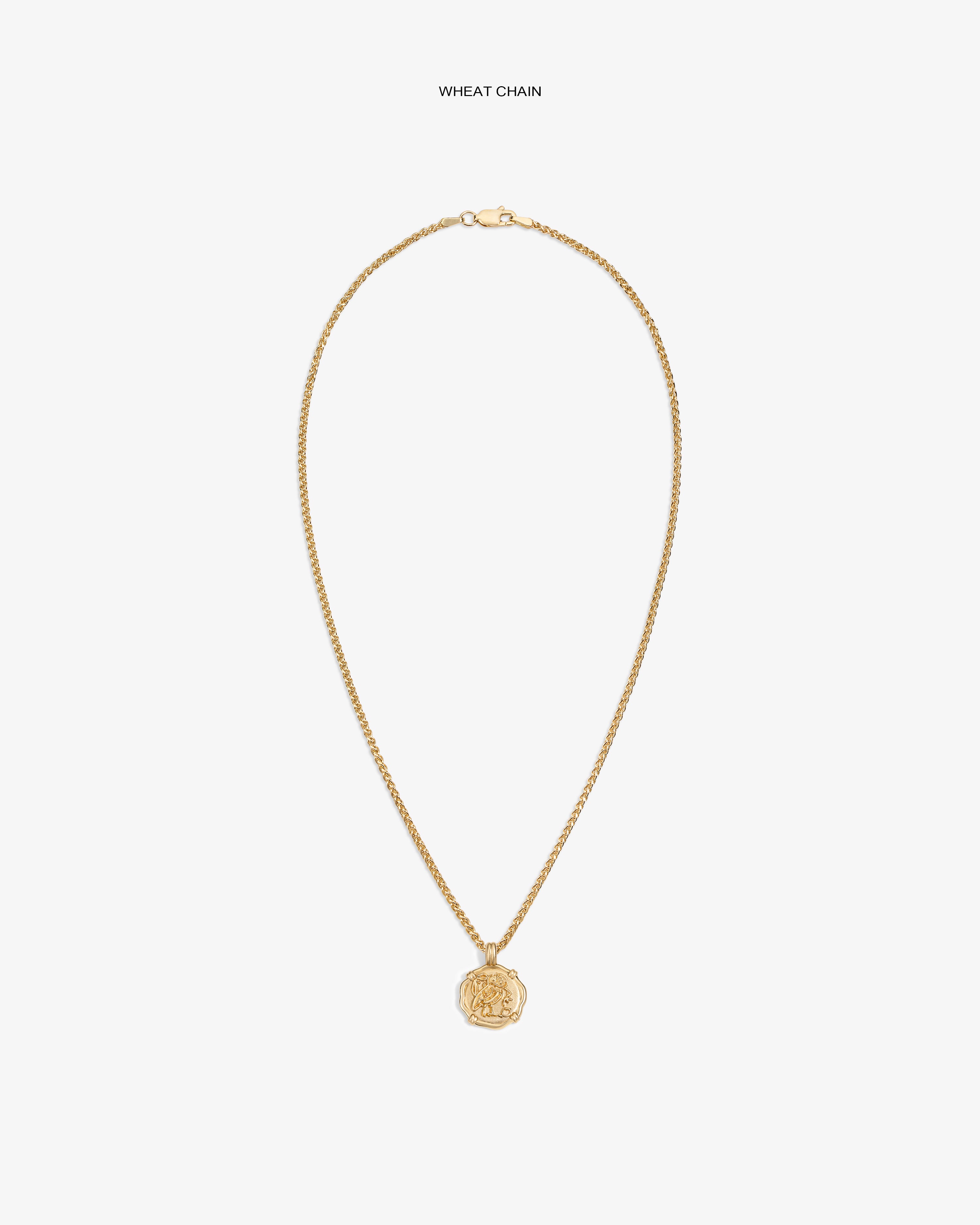 14Kt Gold Coin Pendant with a wheat chain shown on a plain white background.