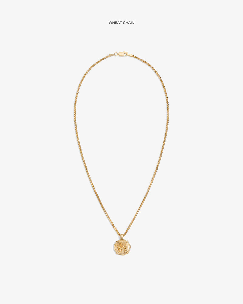 14Kt Gold Coin Pendant with a wheat chain shown on a plain white background.
