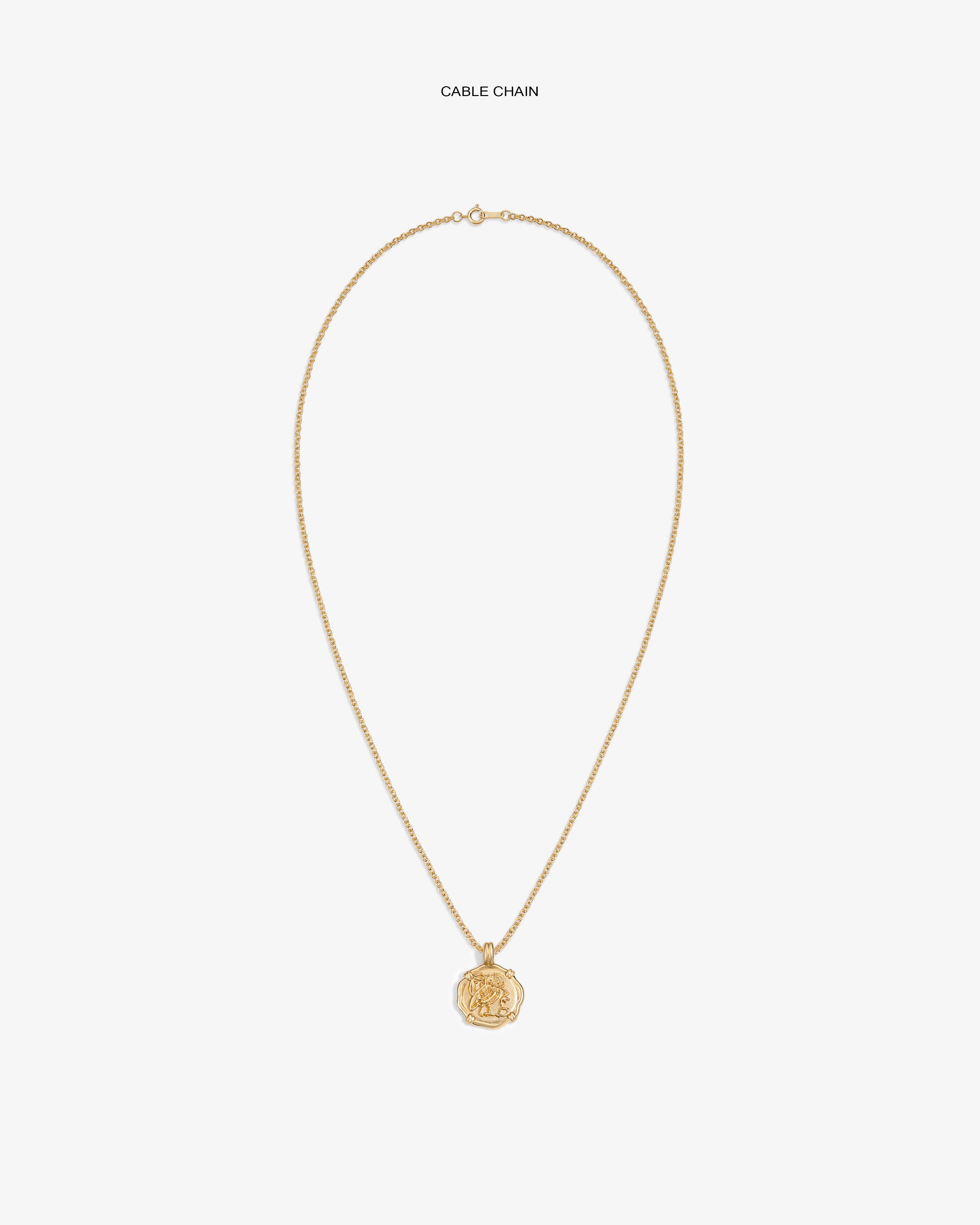 14Kt Gold Coin Pendant necklace with a gold cable chain on a plain white background.