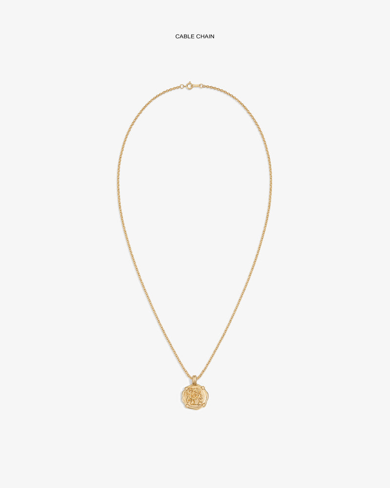 14Kt Gold Coin Pendant necklace with a gold cable chain on a plain white background.