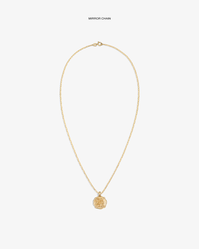 14Kt Gold Coin Pendant necklace with a round, engraved charm shown on a plain white background.