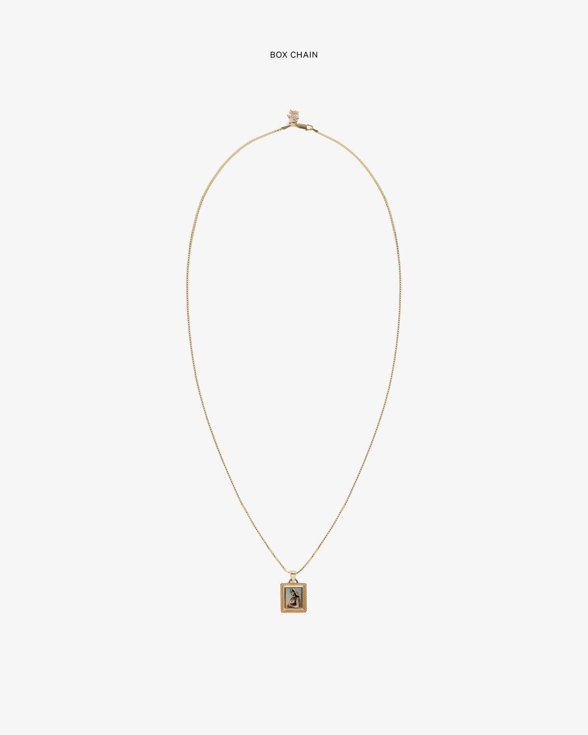 14Kt Gold Pendant box chain necklace featuring a small rectangular charm with a woman's image on a white background.
