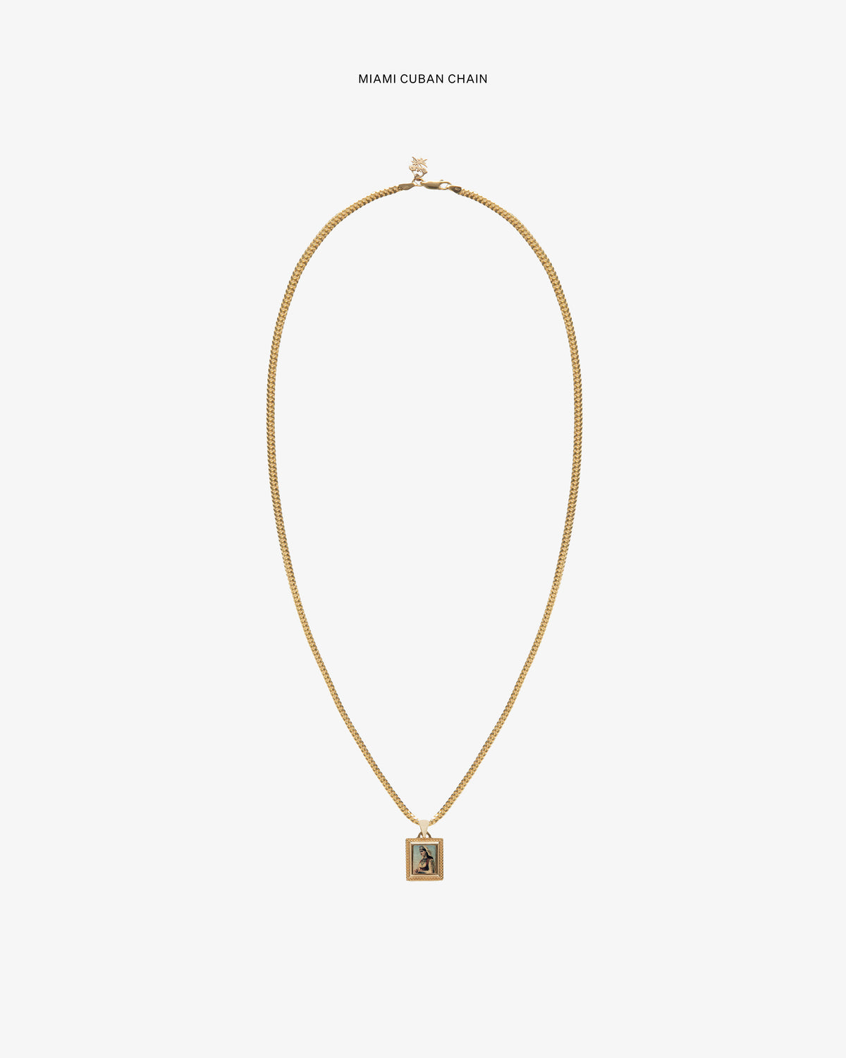14Kt Gold Pendant: Miami Cuban chain necklace with small engraved rectangular pendant on white background.