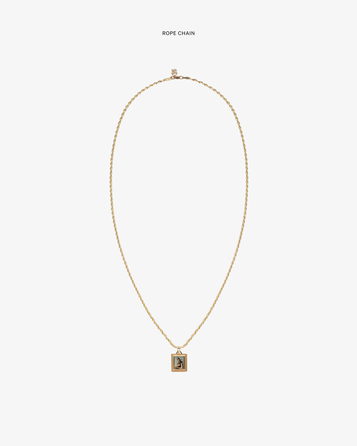14Kt Gold Pendant: Rope chain necklace with a rectangular pendant featuring a person's framed image at the center.