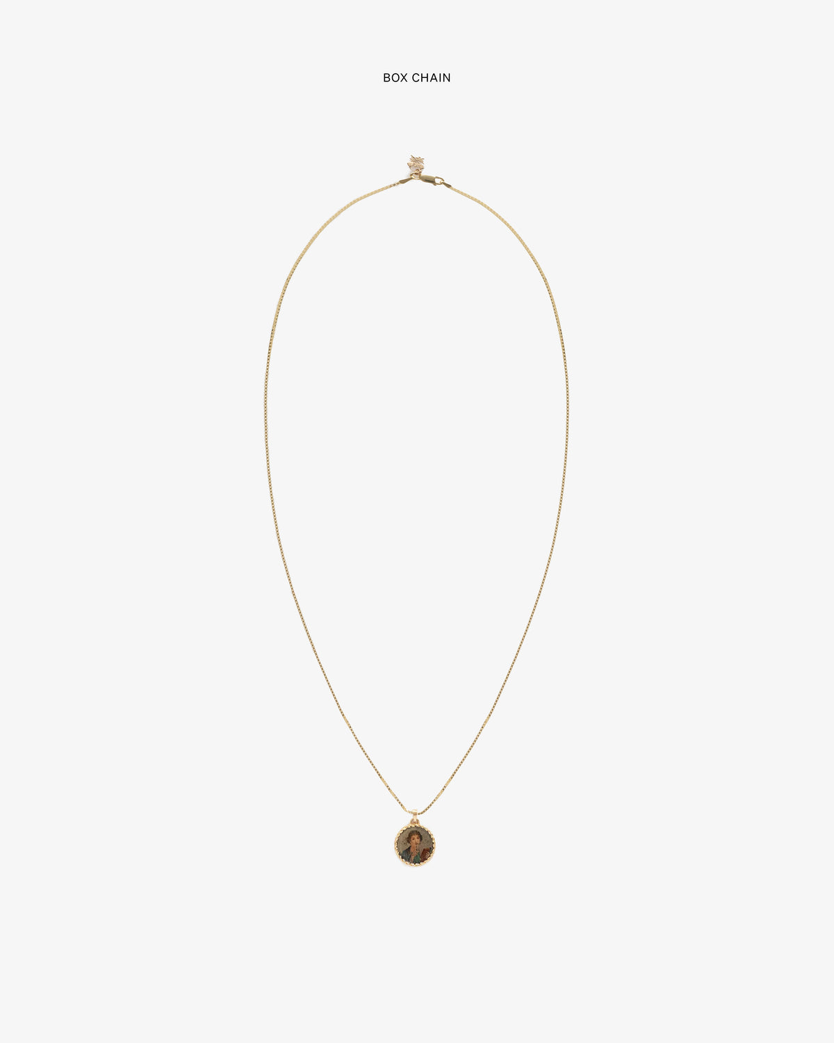 14Kt Gold Sappho Poet Relief Pendant on a box chain, shown against a plain white background.