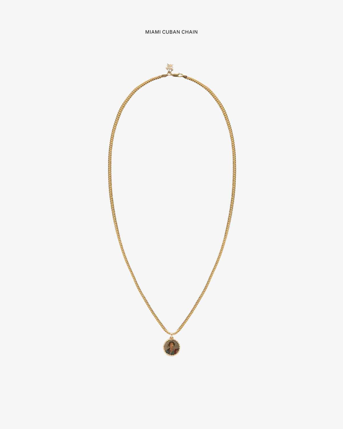14Kt Gold Sappho Poet Relief Pendant necklace shown on a plain white background.