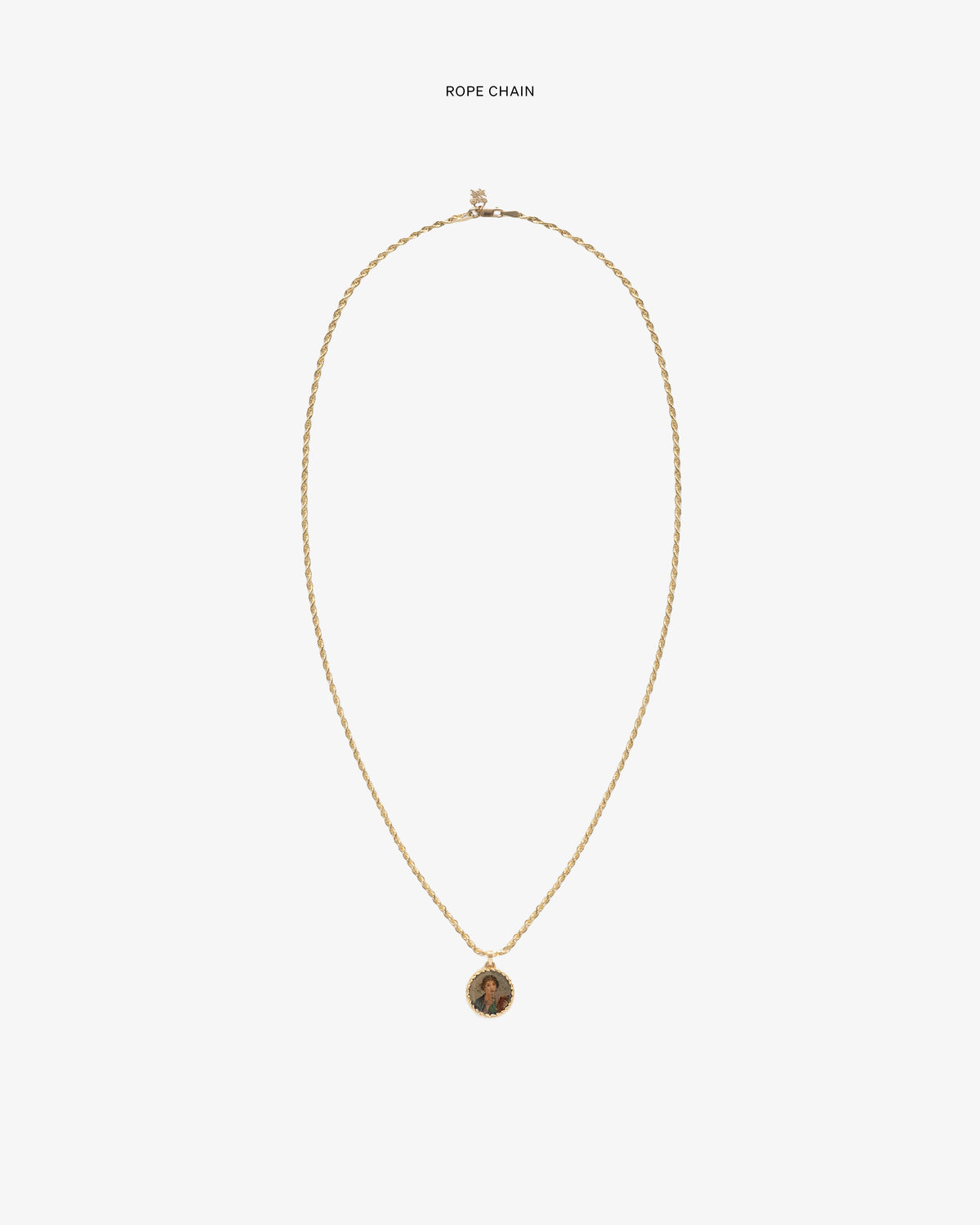 14Kt Gold Sappho Poet Relief Pendant on a rope chain, shown against a plain white background.