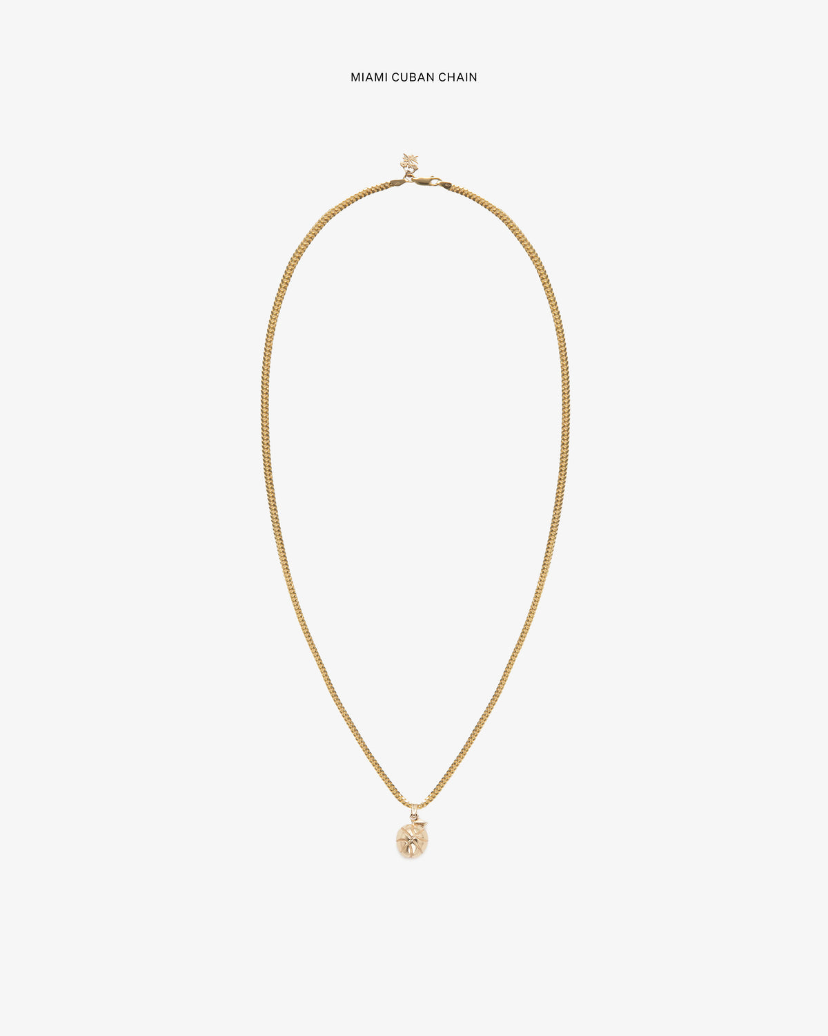 14Kt Sonny Apple Pendant on a gold Miami Cuban chain, shown against a plain white background.