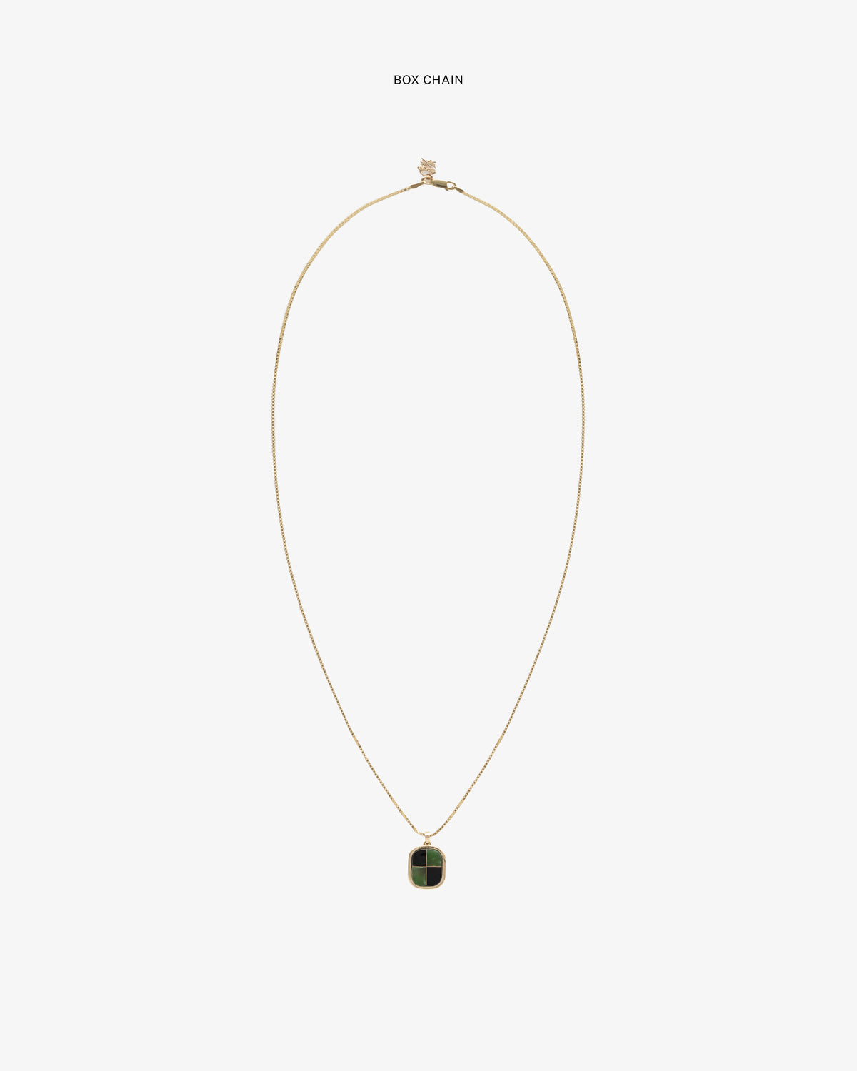 14Kt Gold Mosaic Pendant with green and black square on box chain, shown against a white background.