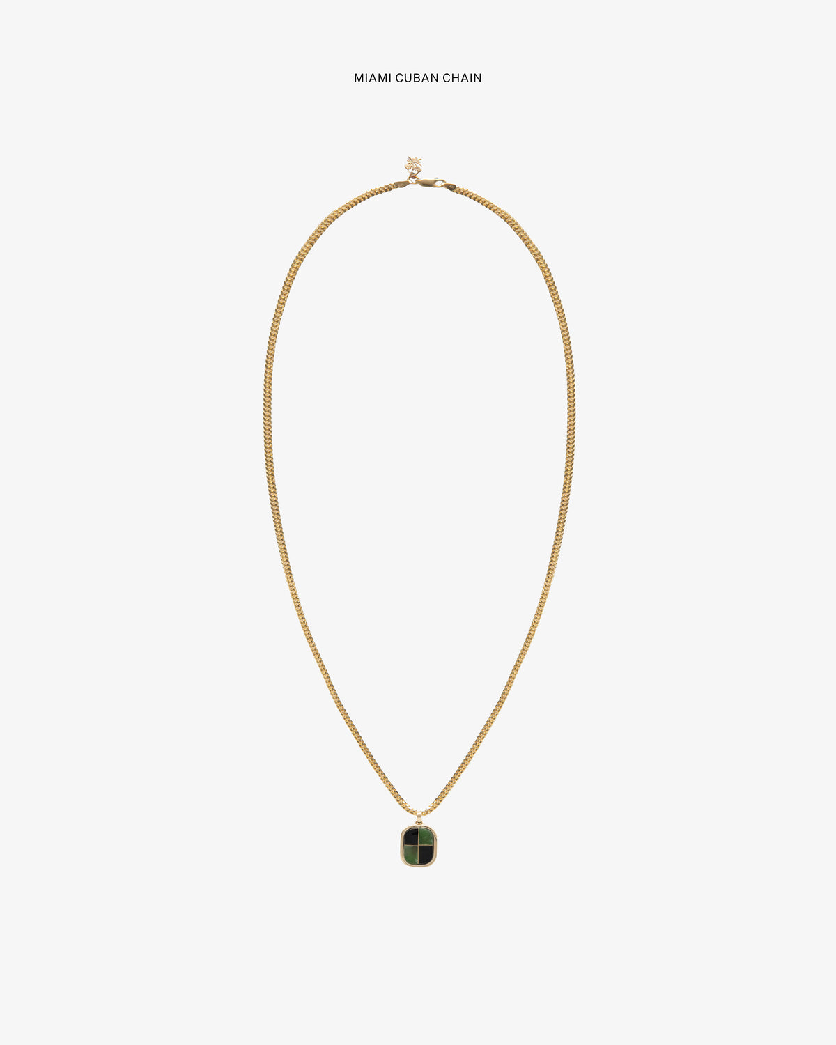 14Kt Gold Mosaic Pendant with a black and green design on a gold Miami Cuban chain, shown on a white background.