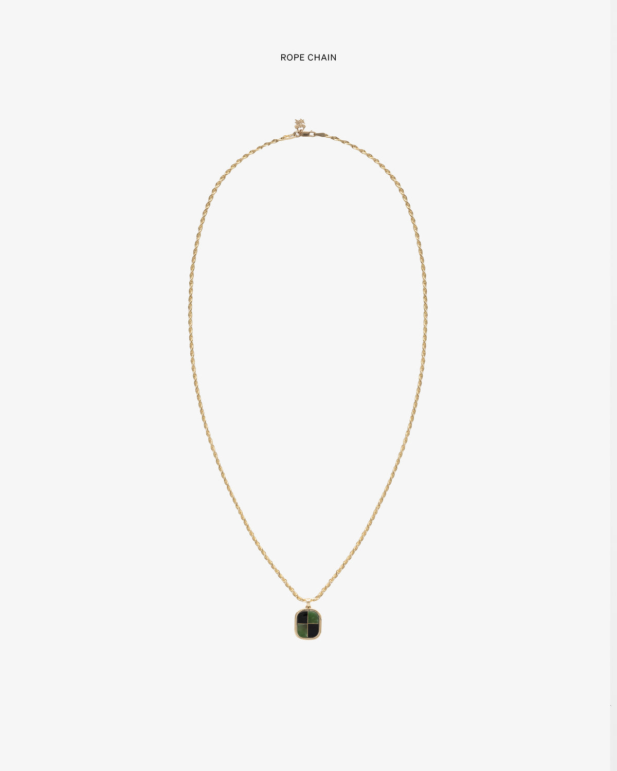 14Kt Gold Mosaic Pendant on a rope chain, featuring a rectangular dark green and black design on white background.