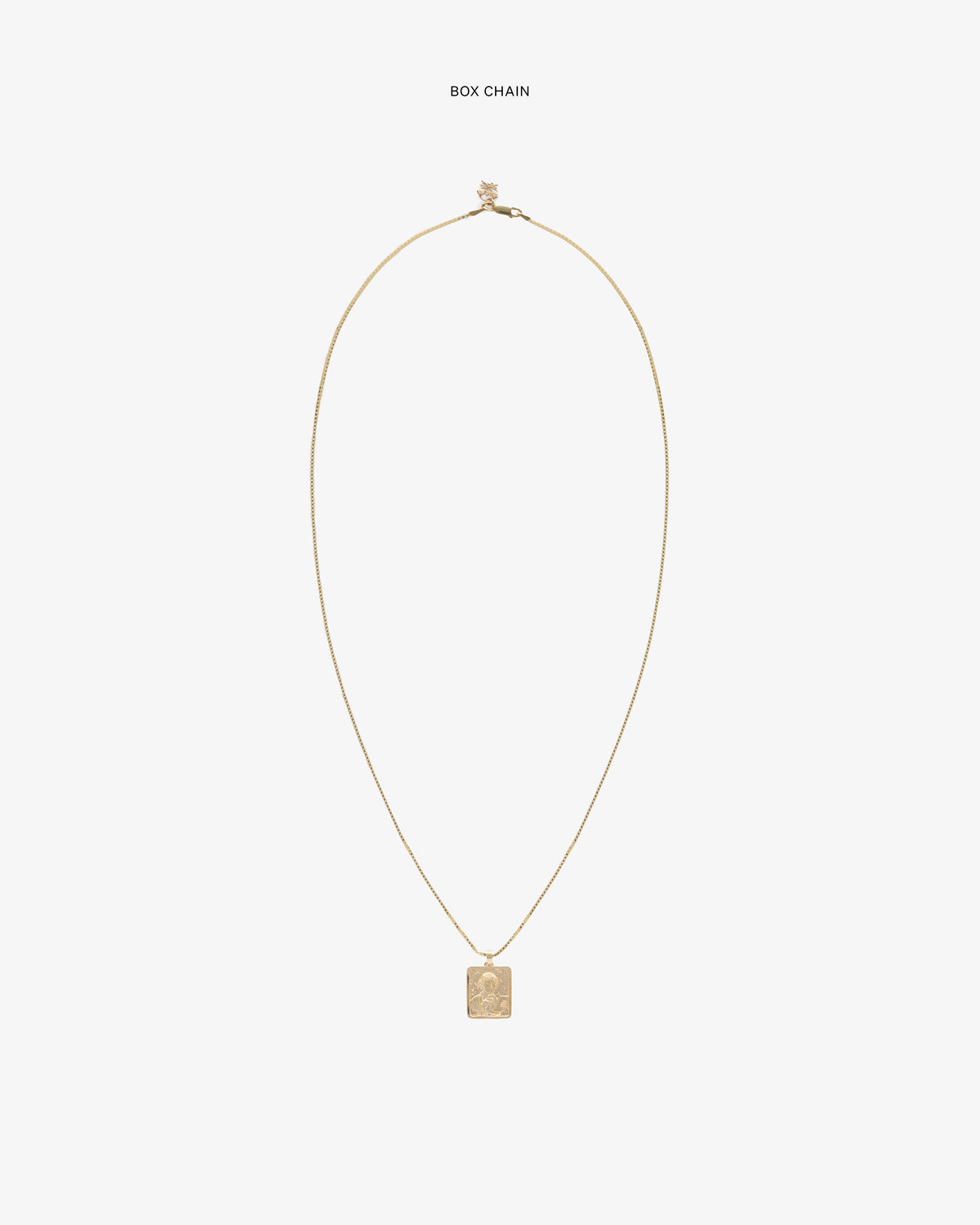 14Kt Gold Sappho Poet Pendant on a box chain, shown against a plain white background.