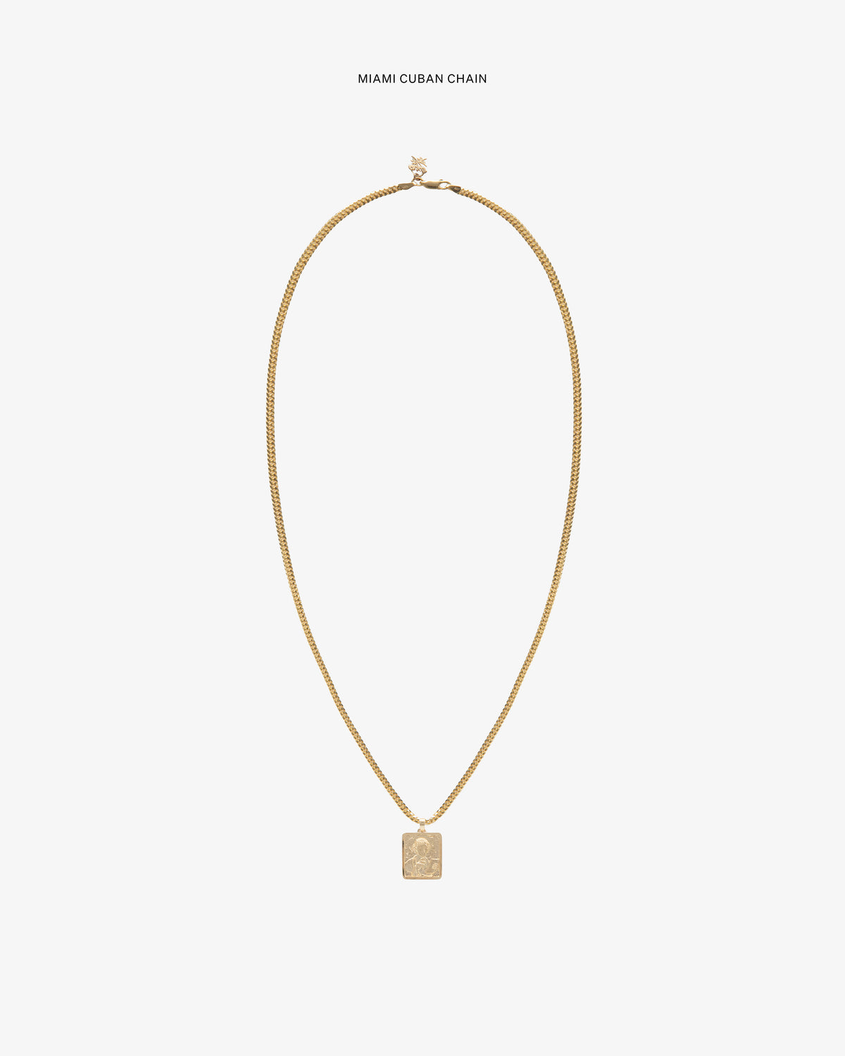 14Kt Gold Sappho Poet Pendant on a Miami Cuban chain necklace shown against a white background.