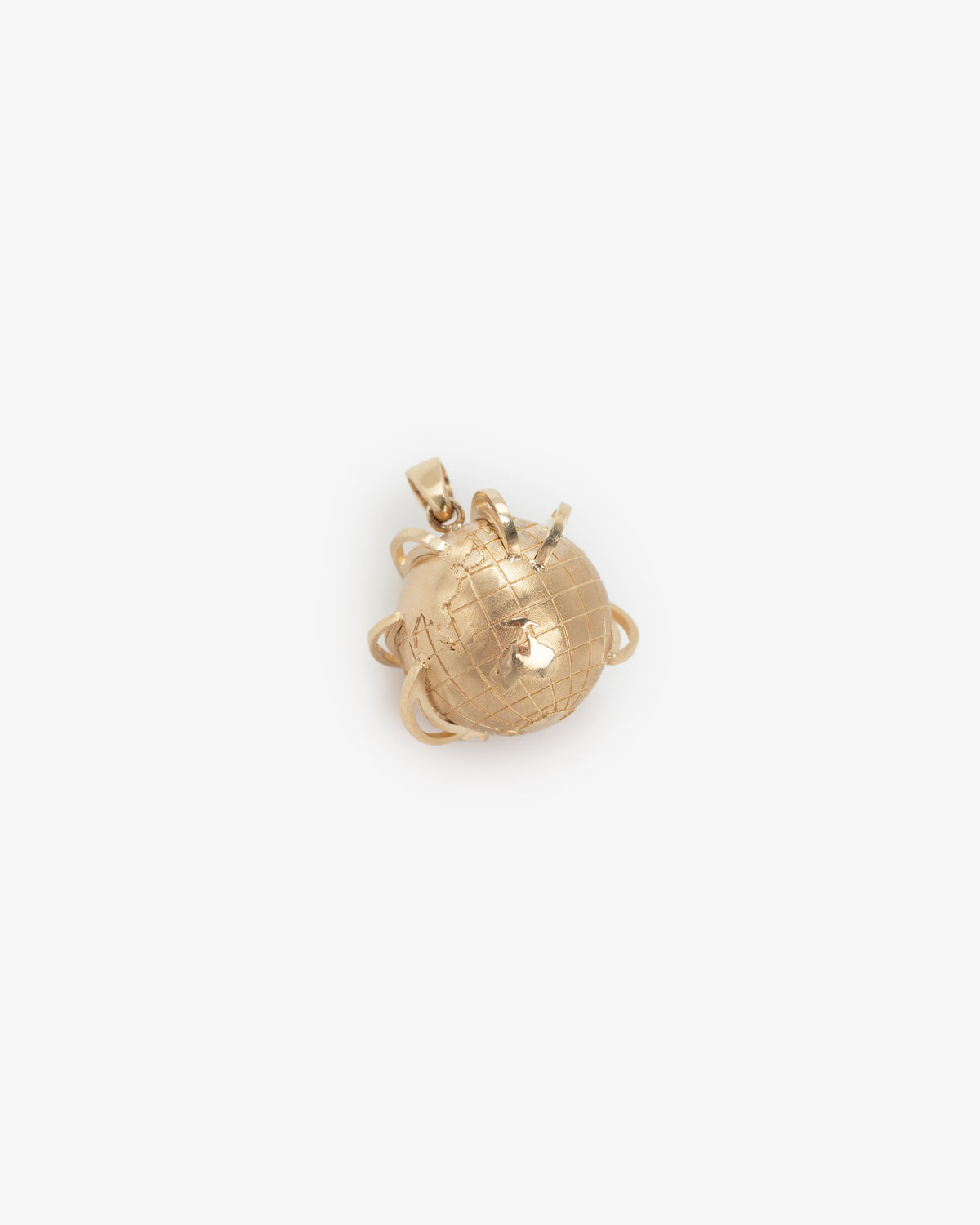 14Kt Gold Globe Pendant featuring grid lines and a chain loop, displayed against a white background.
