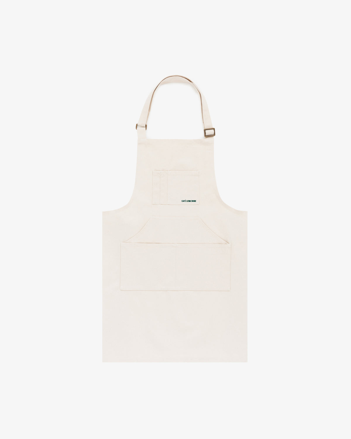 Café Leon Dore Apron in beige with neck strap, front pockets, small green text on white background.