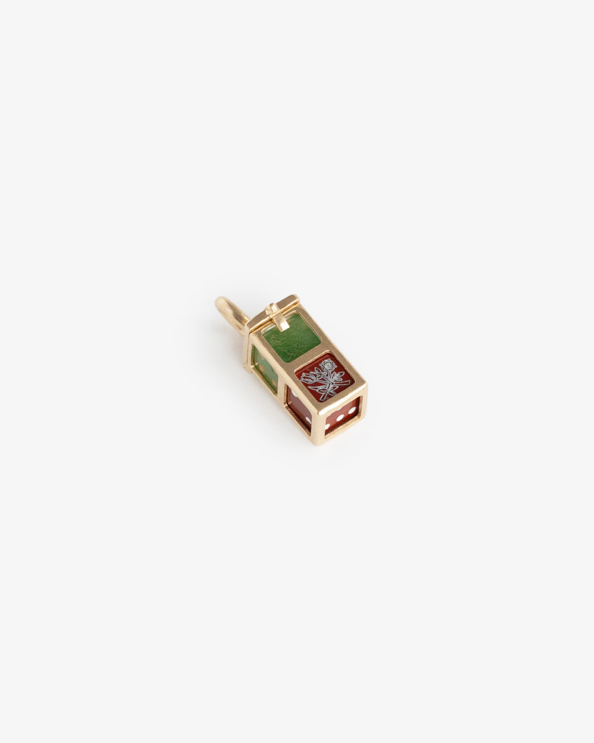 14Kt Gold Lucky Dice Pendant featuring green and red enamel, silver details, and a white background.