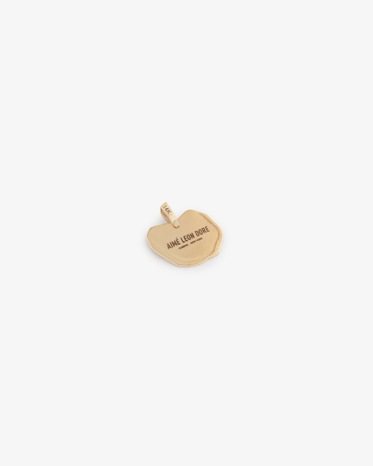 14Kt Gold Pendant with a wavy edge engraved with AIME LEON DORE on a plain white background.