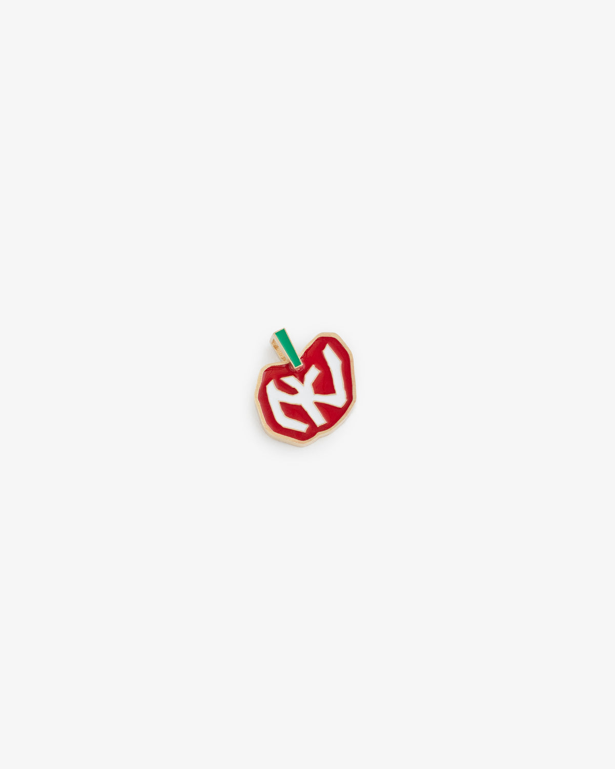 A 14Kt gold apple-shaped pendant with white symbols and a green stem on a white background.