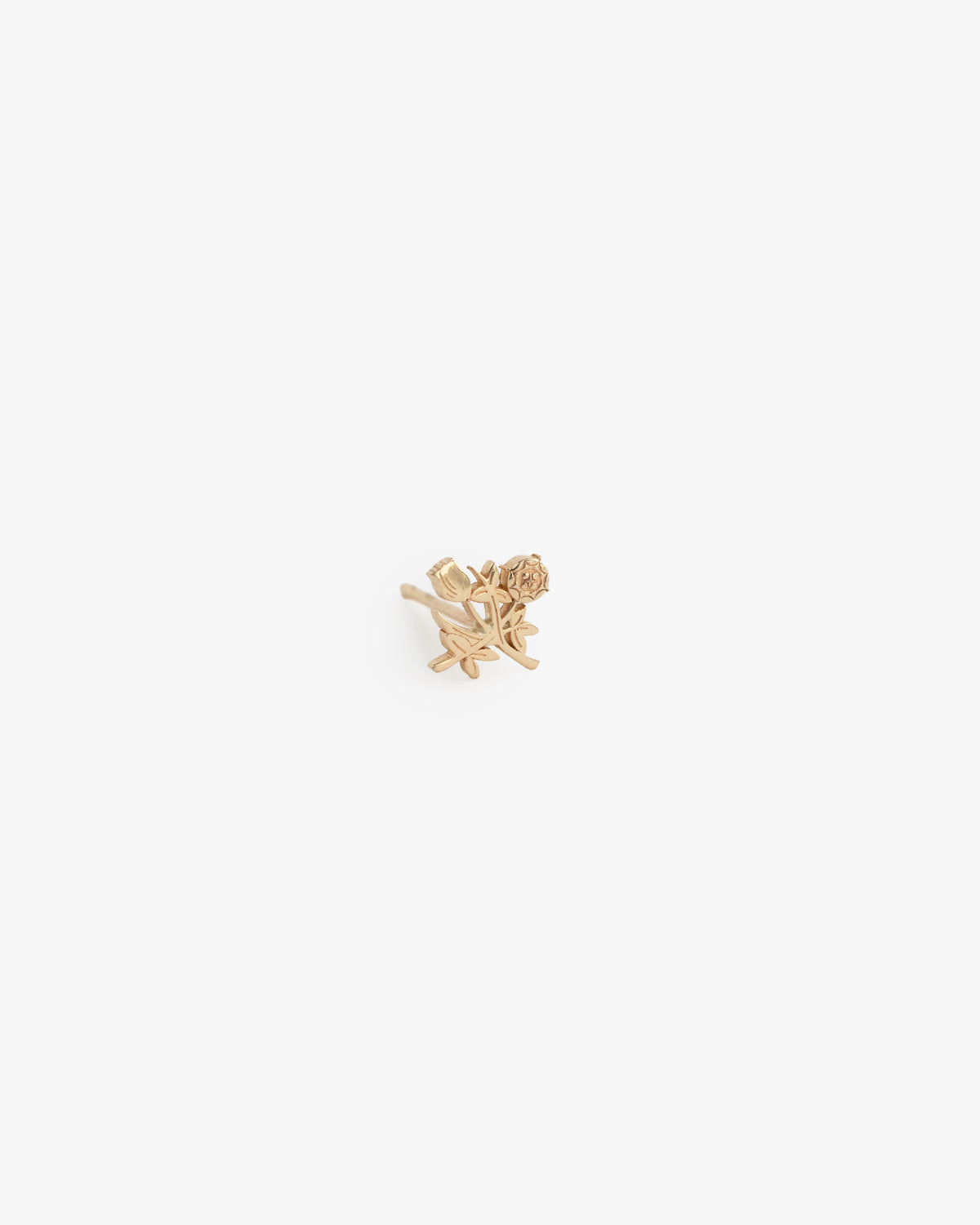 14Kt Gold Crest Earring shaped like a delicate rose with stem and leaves on a white background.