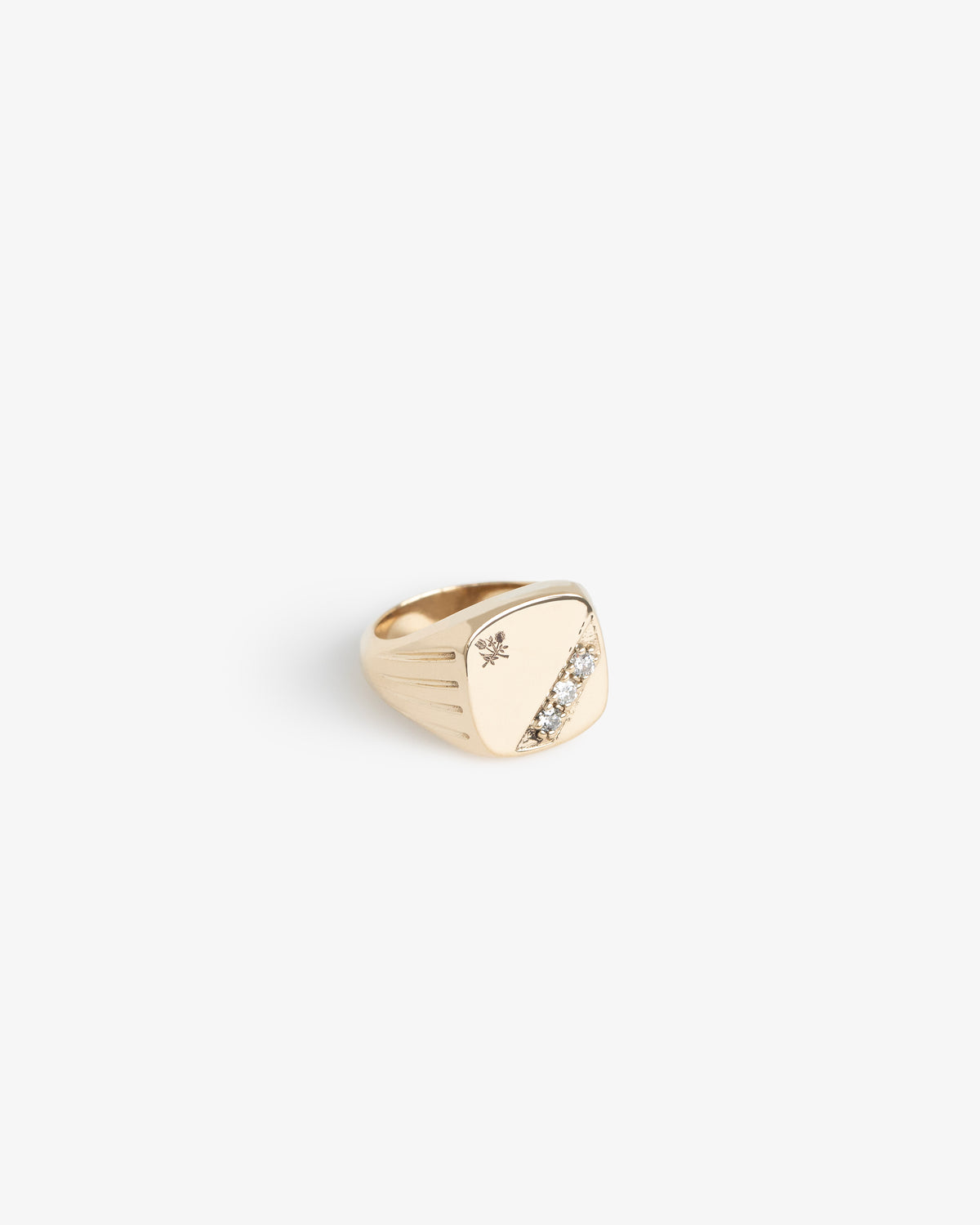 14Kt Gold Diamond Signet Ring with diagonal diamonds and tiny star engraving on a square face, plain background.