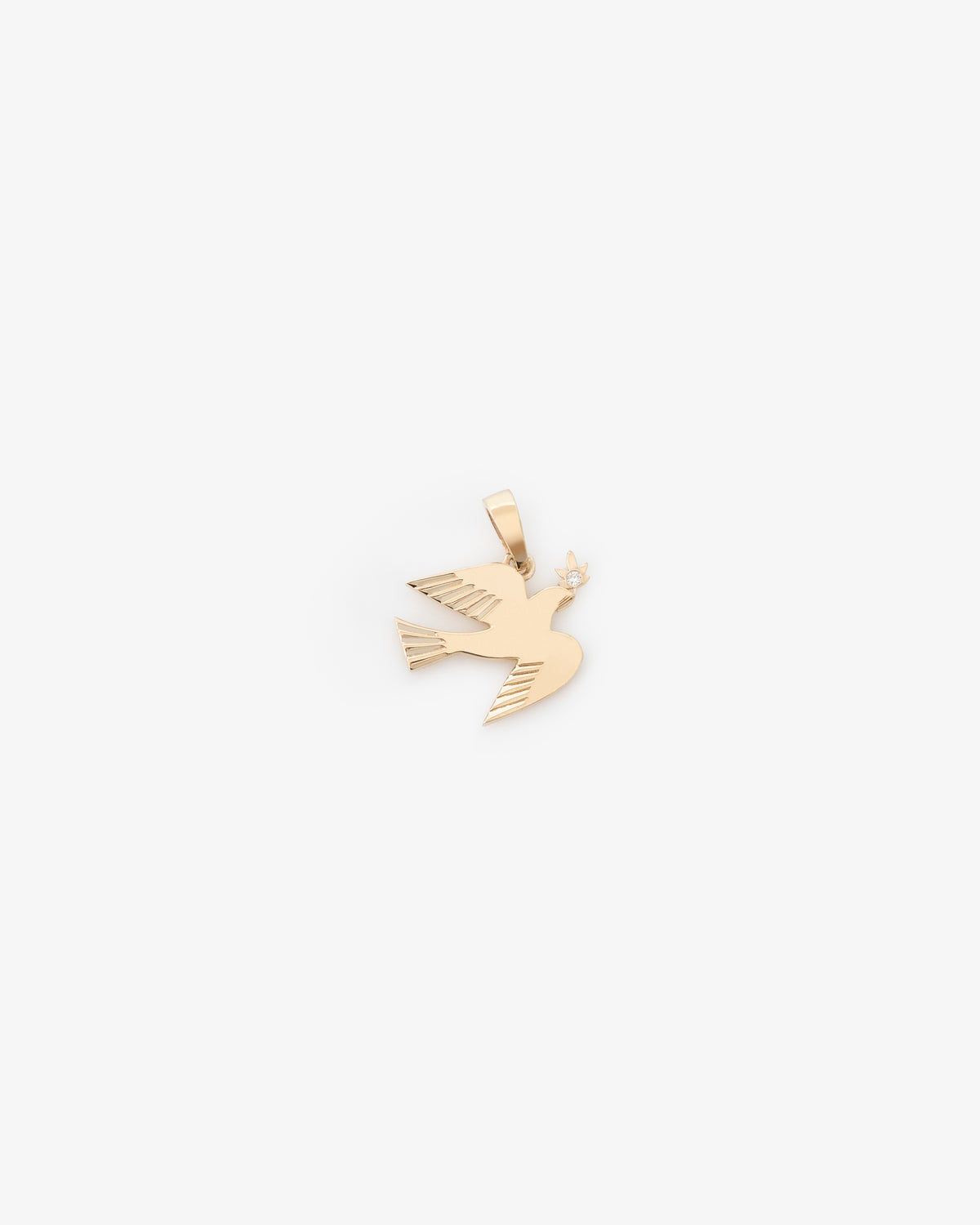 14Kt Gold Dove Pendant featuring stylized wings and an olive branch on a plain white background.