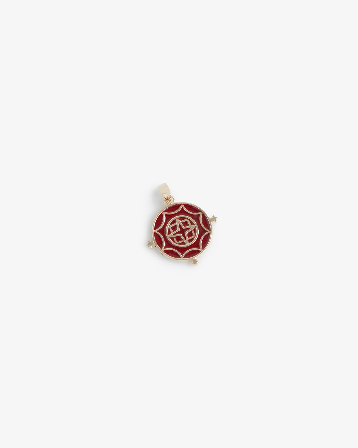 14Kt Gold Rose Pendant—round, gold and red with a geometric design and bail, shown on a white background.