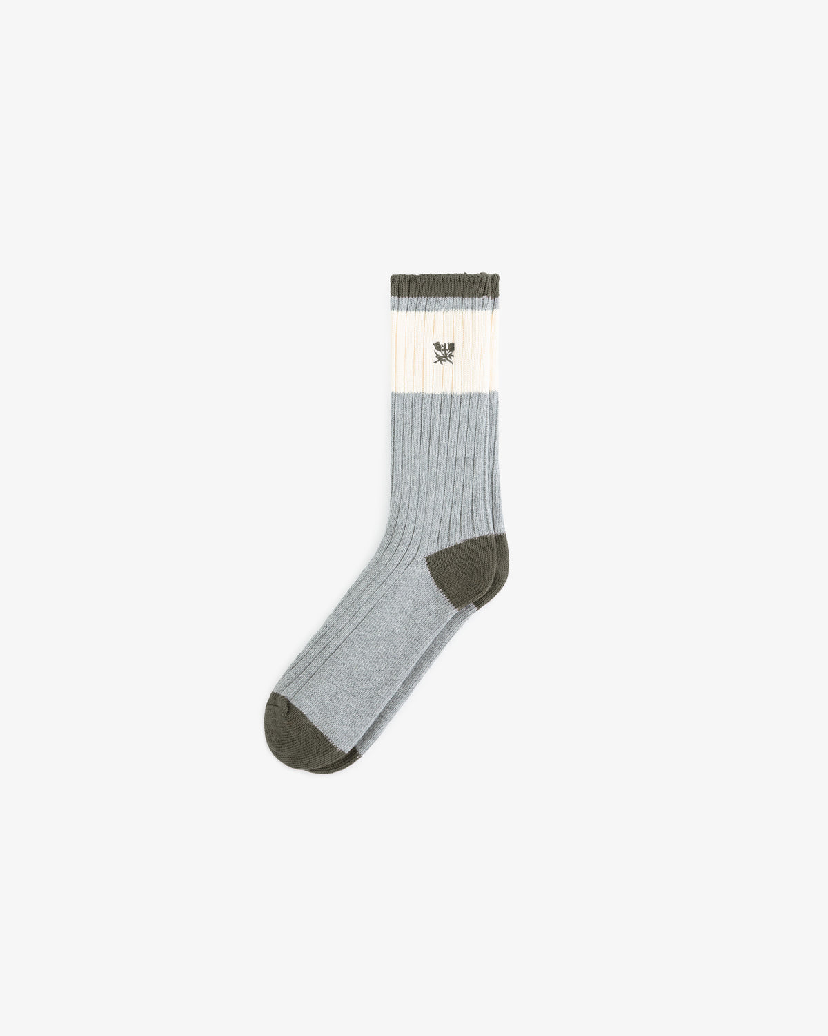 A single Marled Crest Sock in gray with dark green toe, heel, cuff, and small crest embroidery near the top.