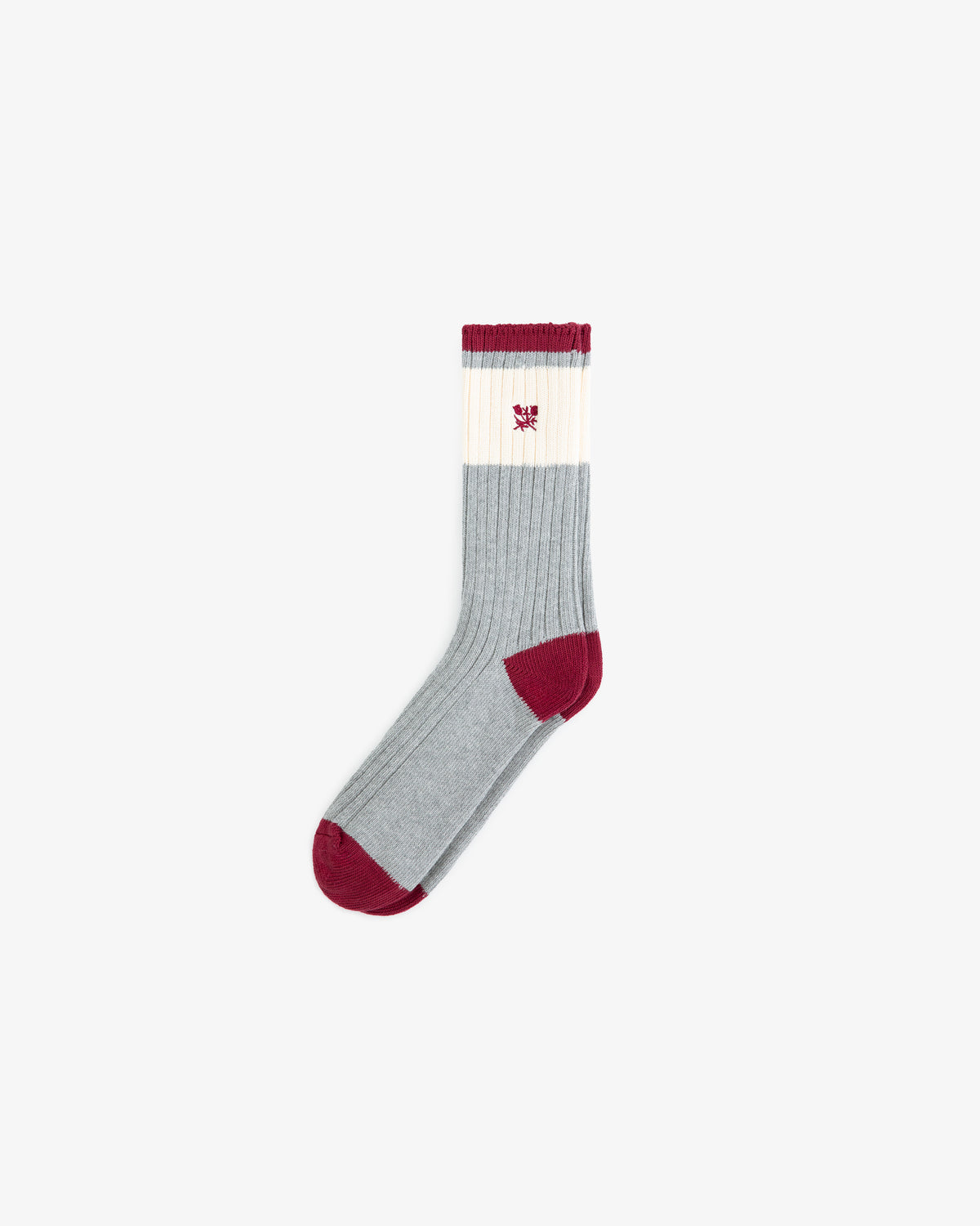 Marled Crest Socks: Gray with burgundy toe, heel, cuff, white panel, and small burgundy crest near the top.